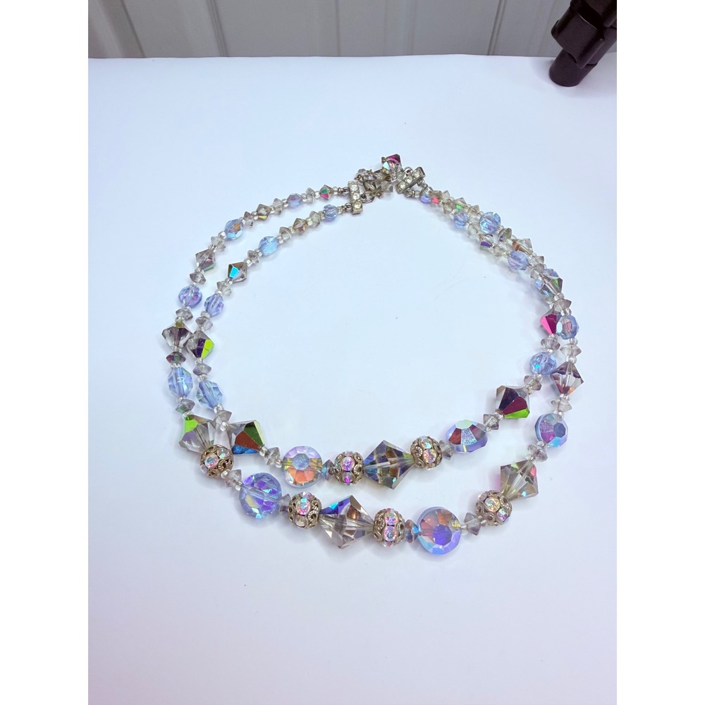 Vintage Double Strand Aurora Borealis Crystal Bead Necklace 16" Iridescent